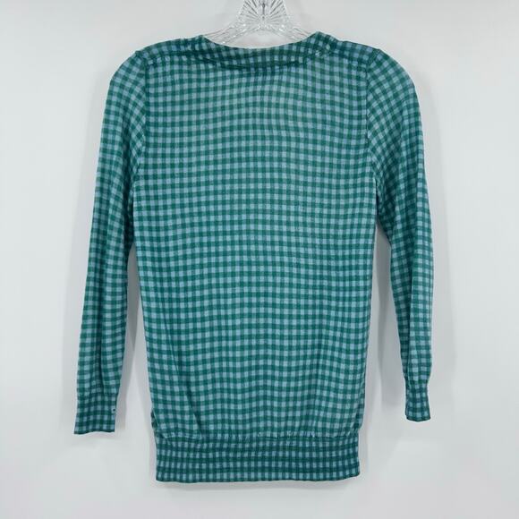 J Crew Merino Wool Gingham Sweater Green Blue Check Crewneck Flaw Womens Sz XS - Picture 9 of 12